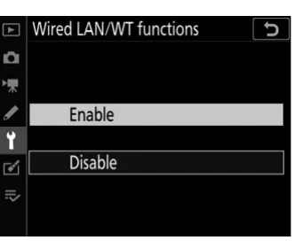 Nikon D6 Wired LAN WT functions screen with Enable selected