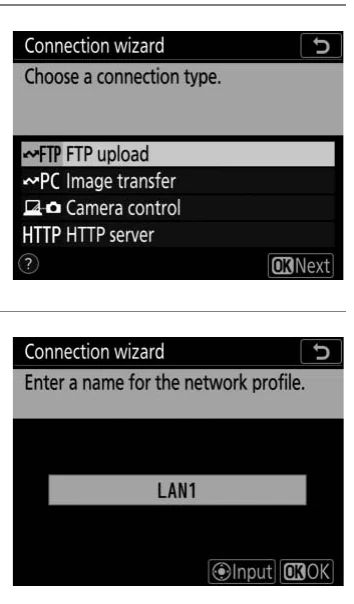 Nikon D6 connection wizard screens showing FTP upload and the network profile name