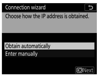 Nikon D6 connection wizard screen for automatic or manual IP address assignment