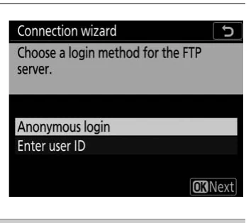 Nikon D6 connection wizard FTP login method screen