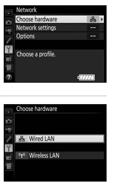 Nikon D850 WT-7 Choose hardware menu with Wired LAN and Wireless LAN choices