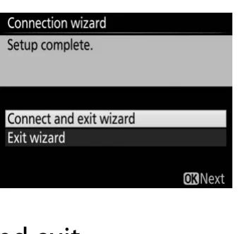 Nikon D850 WT-7 Setup complete screen with Connect and exit wizard selected