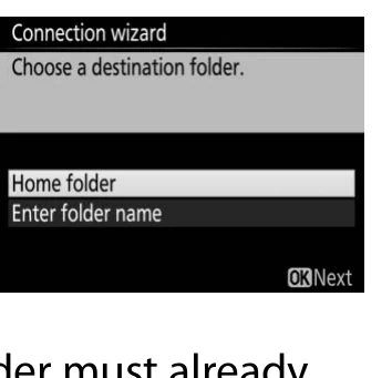 Nikon D850 WT-7 destination folder screen with Home folder and Enter folder name choices
