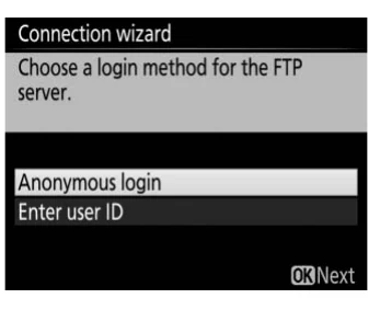 Nikon D850 WT-7 FTP login menu with Anonymous login and Enter user ID choices