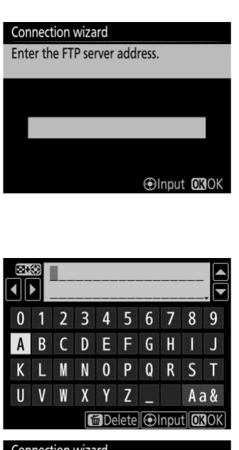 Nikon D850 WT-7 FTP server address entry and on-camera keyboard screens
