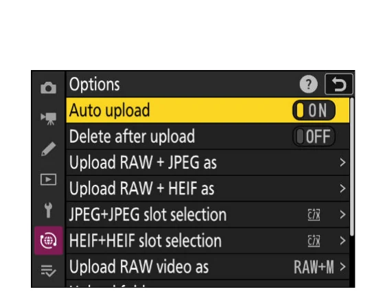 Nikon Z 8 Connect to FTP server Options menu with Auto upload switched on