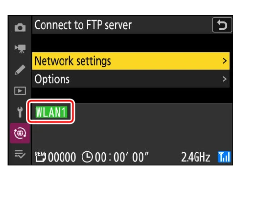Nikon Z 8 Connect to FTP server screen with a green WLAN profile