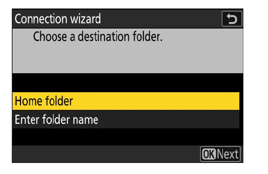 Nikon Z 8 FTP destination folder screen with Home folder and Enter folder name choices