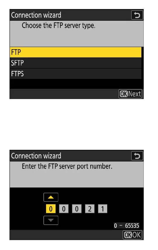 Nikon Z 8 screens for choosing FTP SFTP or FTPS and entering the FTP server port number
