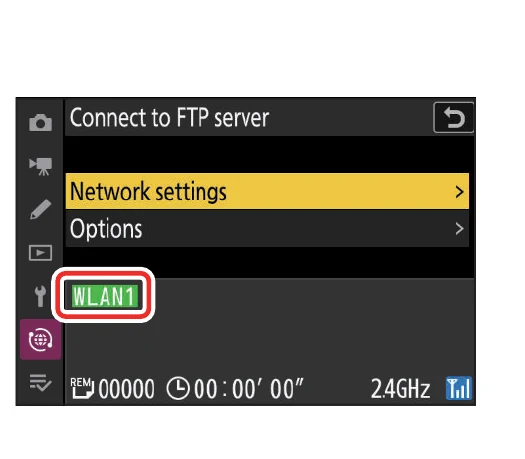 Nikon Z 9 Connect to FTP server screen with a green WLAN profile