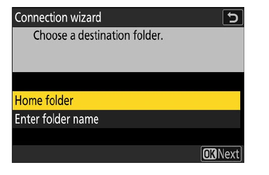 Nikon Z 9 FTP destination folder screen with Home folder and Enter folder name choices