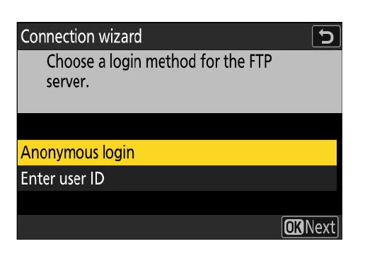 Nikon Z 9 FTP login method screen with Anonymous login and Enter user ID choices