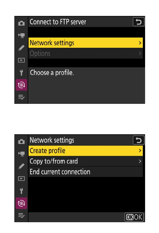 Nikon Z 9 Connect to FTP server Network settings and Create profile screens
