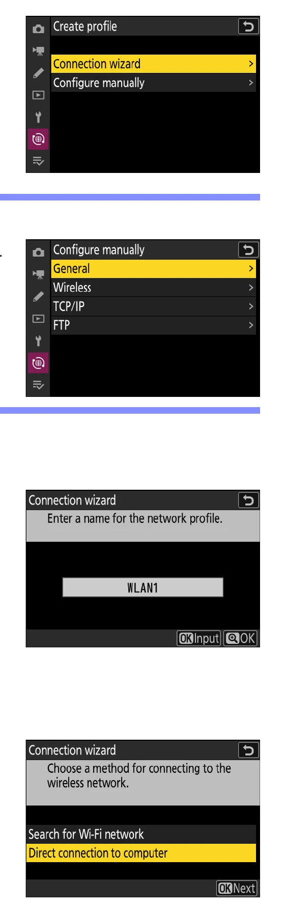 Nikon Z 9 Connection wizard, manual configuration, profile name, and wireless connection method screens
