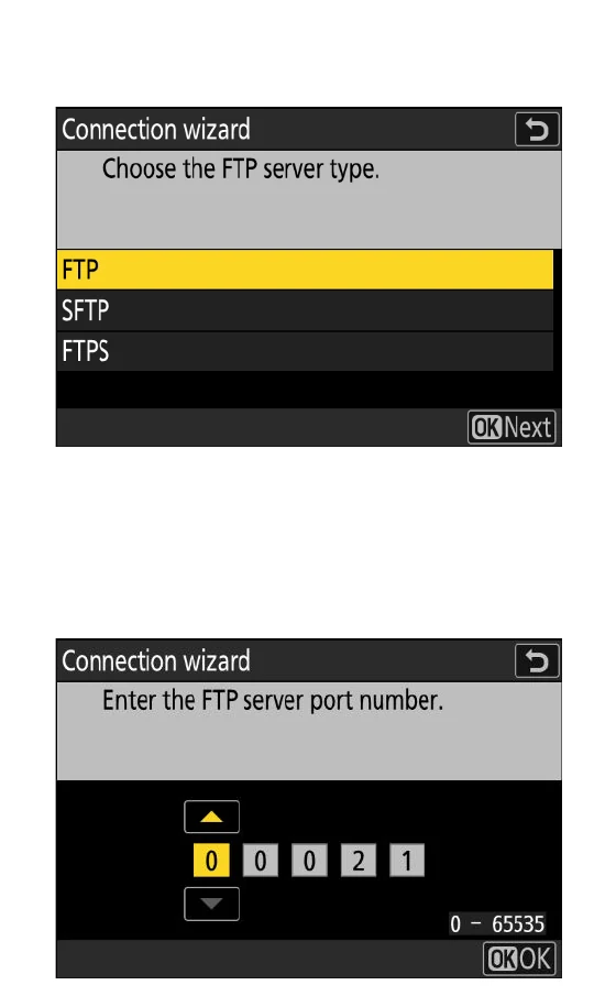 Nikon Z 9 screens for choosing FTP SFTP or FTPS and entering the FTP server port number