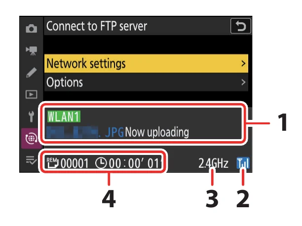 Nikon Z 9 Connect to FTP server status screen showing an active WLAN profile and a JPEG now uploading