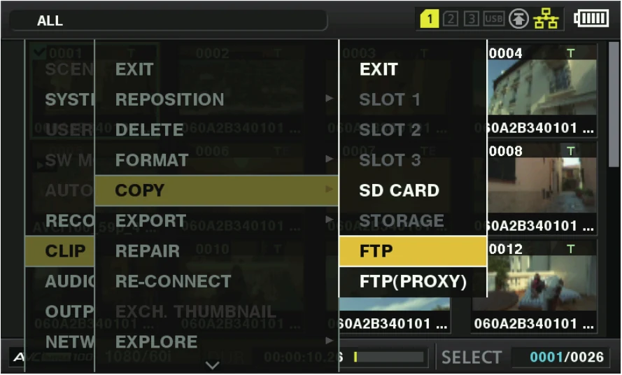 Panasonic AJ-PX270 clip menu with COPY to FTP and FTP proxy choices