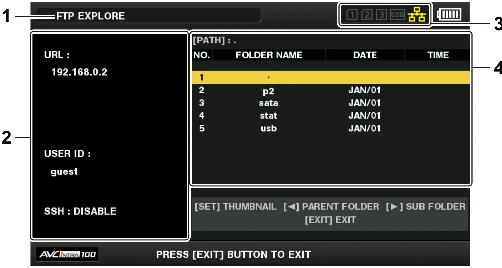Panasonic AJ-PX270 FTP Explorer showing server URL user ID SSH status and remote folders