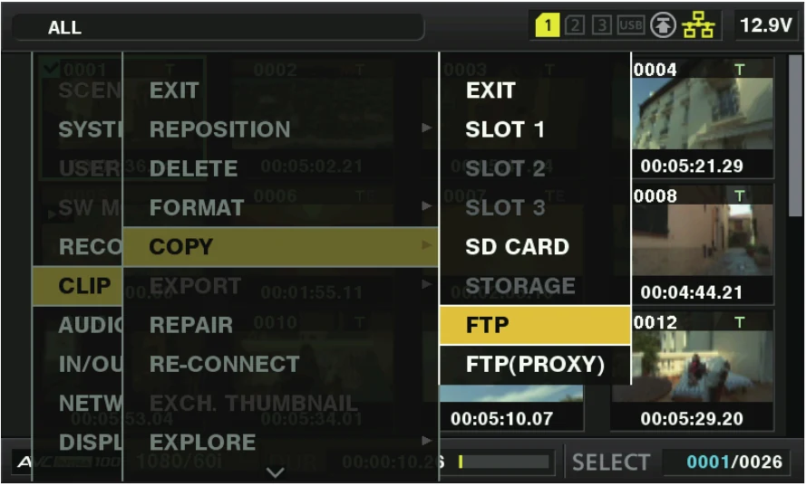 Panasonic AJ-PX380G clip menu with COPY to FTP and FTP proxy choices