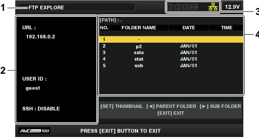 Panasonic AJ-PX380G FTP Explorer showing server URL user ID SSH status and remote folders