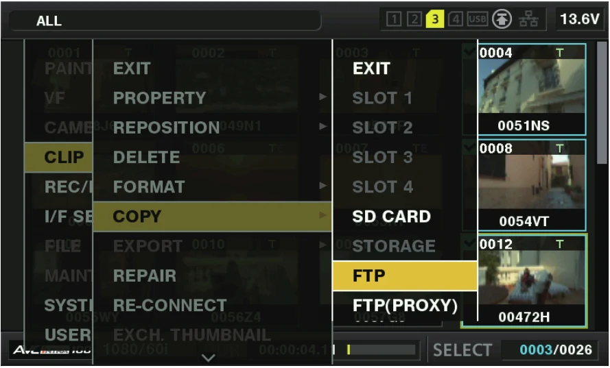 Panasonic AJ-PX5100G clip menu with COPY to FTP and FTP proxy choices