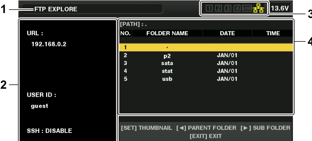 Panasonic AJ-PX5100G FTP Explorer showing server URL user ID SSH status and remote folders