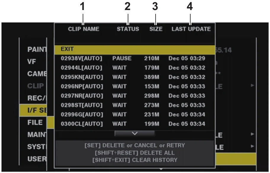 Panasonic AJ-PX5100G Upload List showing transfer status size and last update