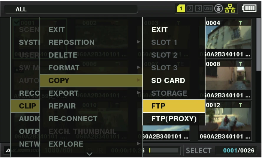 Panasonic AJ-PX800G clip menu with COPY to FTP and FTP proxy choices