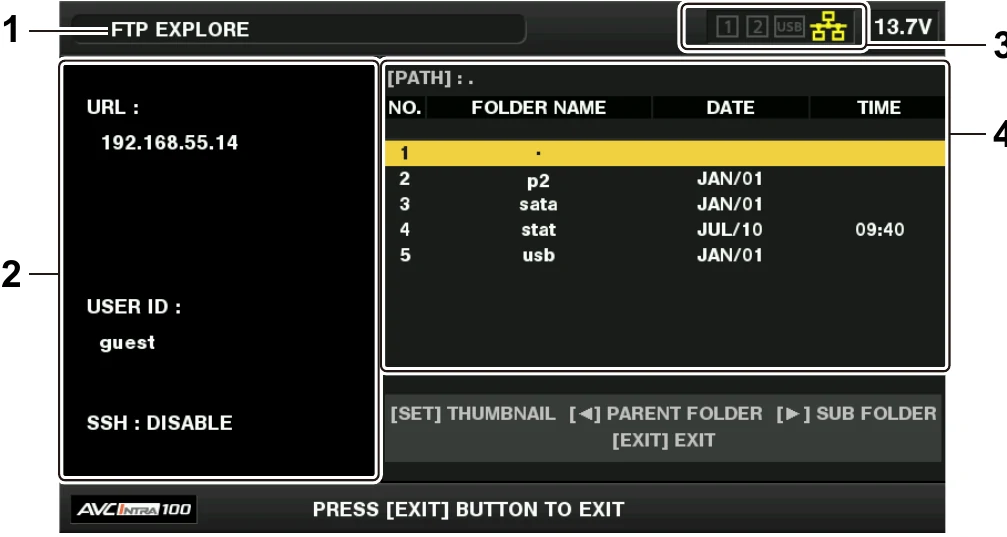 Panasonic AJ-PX800G FTP Explorer showing server URL user ID SSH status and remote folders