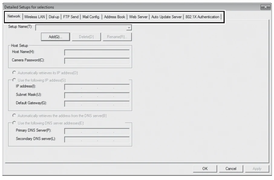 Ricoh G800SE ST-10 detailed setup window with Network Wireless LAN and FTP Send tabs