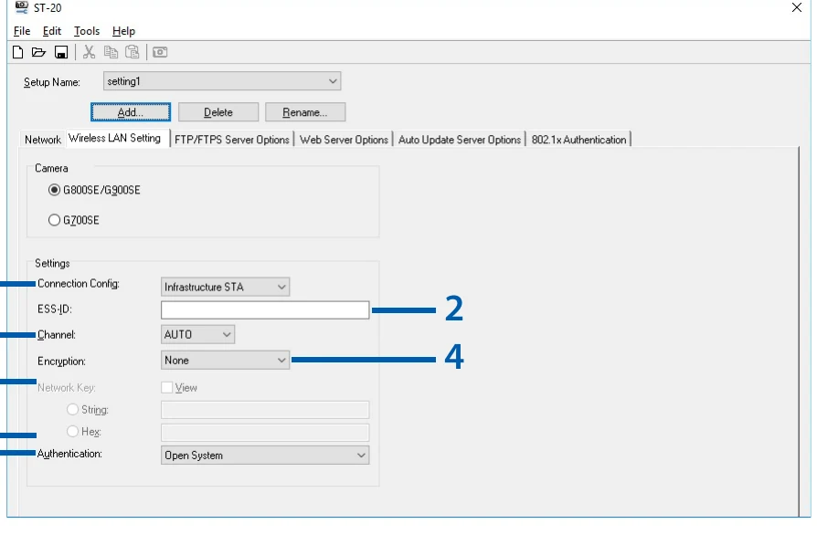 Ricoh ST-20 Wireless LAN Setting window reproduced in the model-specific G900SE II software manual
