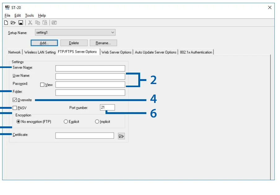 Ricoh G900SE ST-20 FTP and FTPS Server Options window