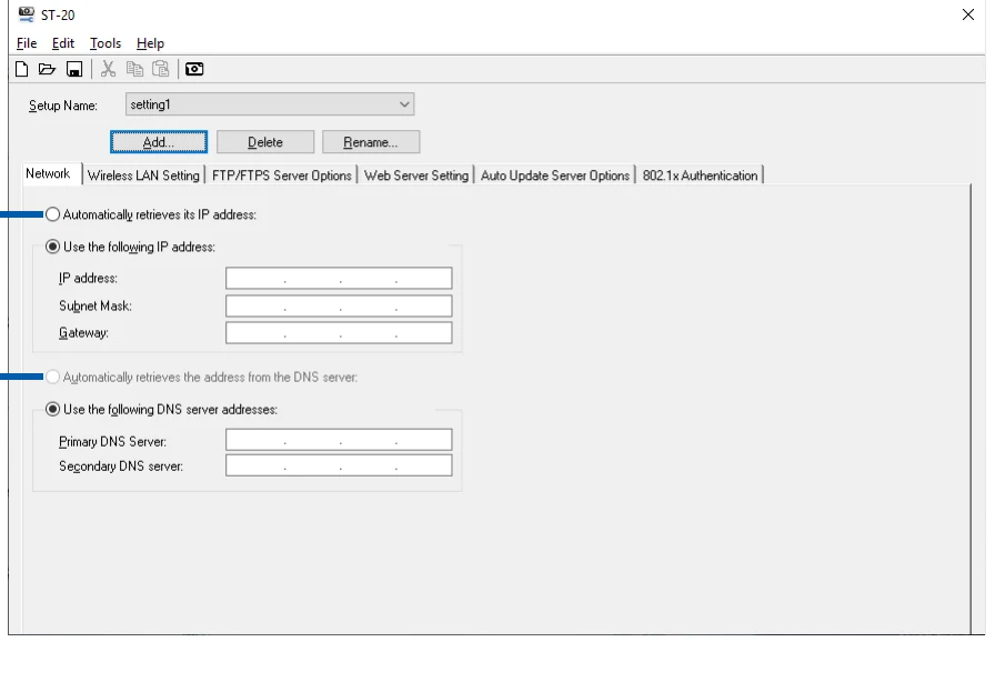 Ricoh G900SE ST-20 Network settings window with Add control and IP address fields