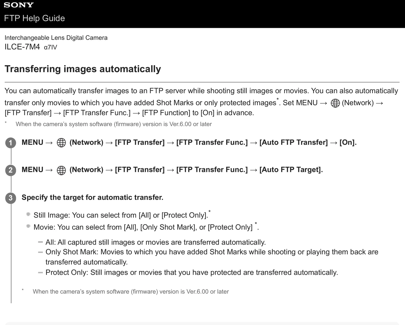 Sony Alpha 7 IV FTP Help Guide showing Auto FTP Transfer and Auto FTP Target menu paths for still images and movies