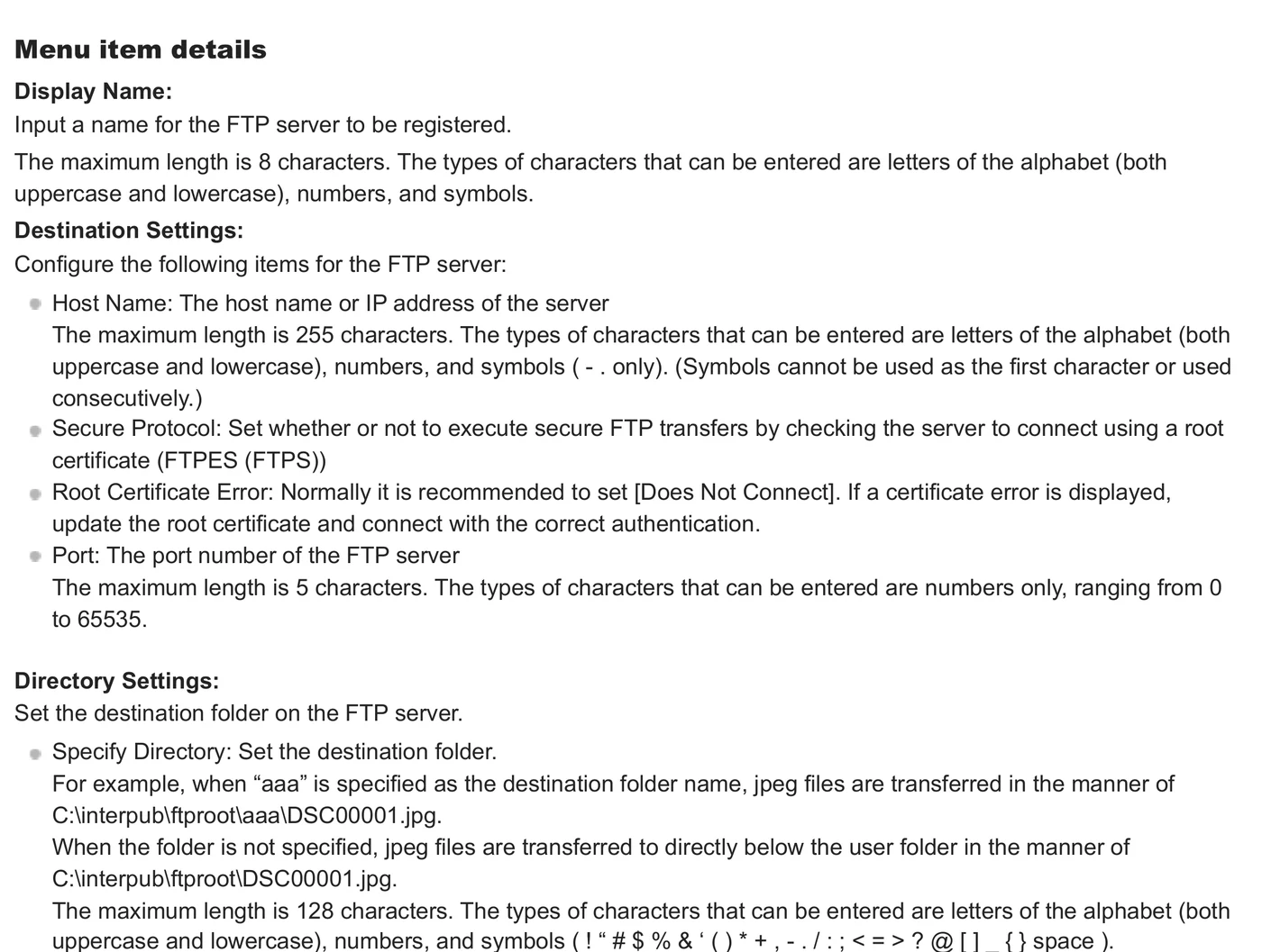 Sony Alpha 7 IV FTP Help Guide listing Host Name, Secure Protocol, Port, directory, hierarchy, and same-file-name settings