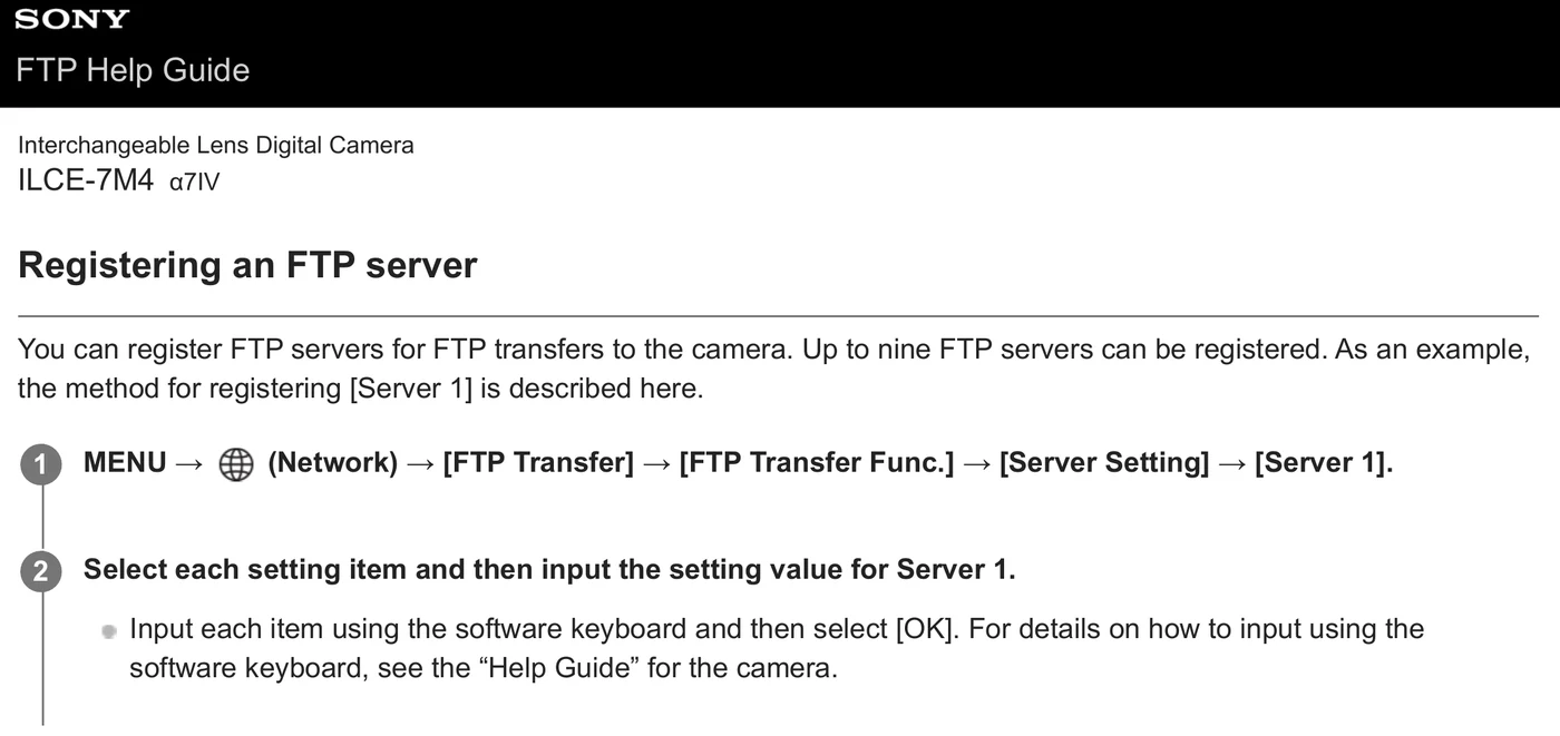 Sony Alpha 7 IV FTP Help Guide showing MENU, Network, FTP Transfer, FTP Transfer Function, Server Setting, Server 1