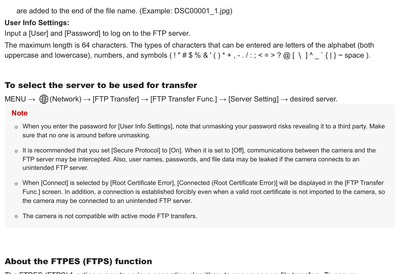 Sony Alpha 7 IV FTP Help Guide listing User and Password settings, server selection, secure protocol guidance, and passive-mode requirement