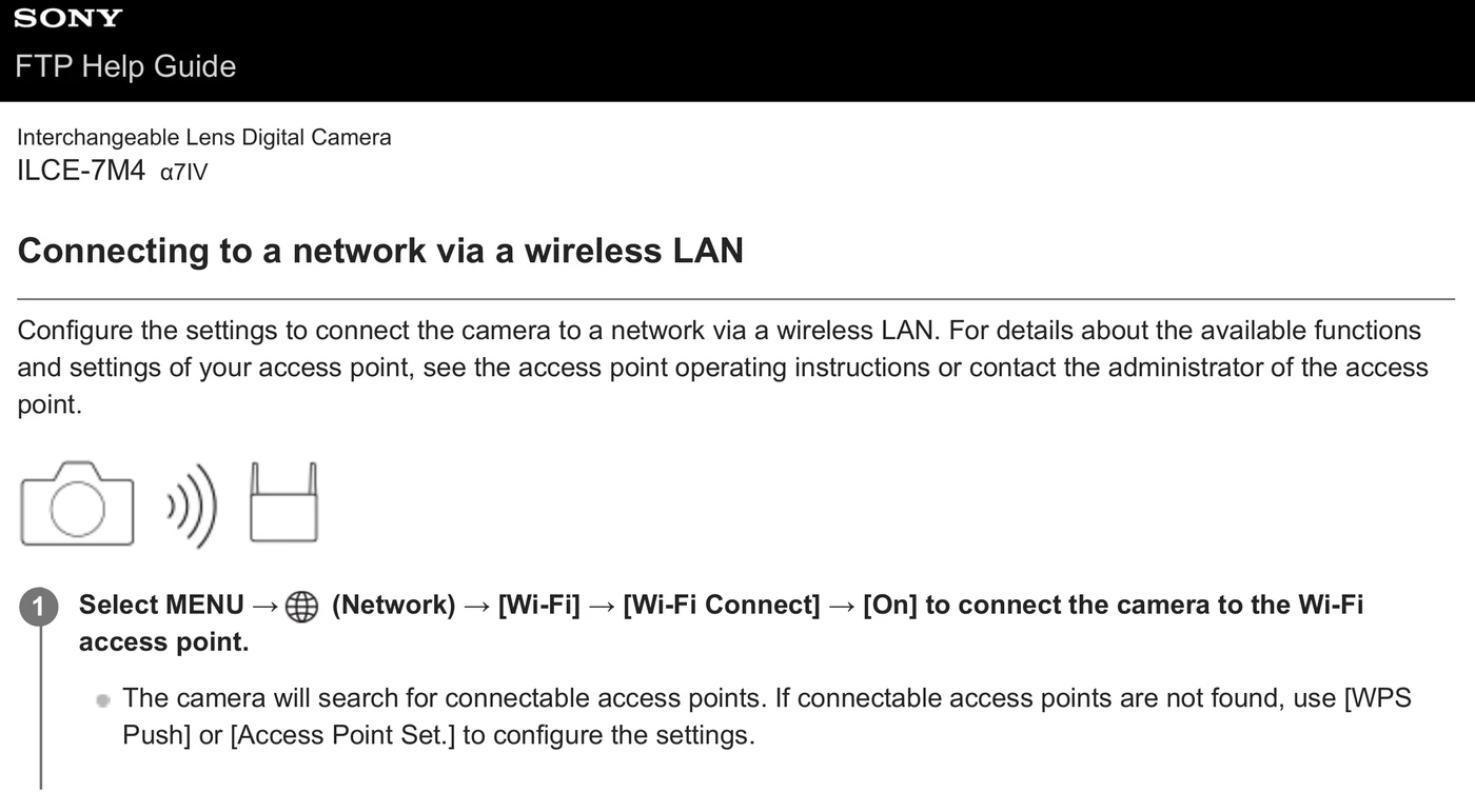 Sony Alpha 7 IV FTP Help Guide showing the Network, Wi-Fi, Wi-Fi Connect menu path and access-point instructions