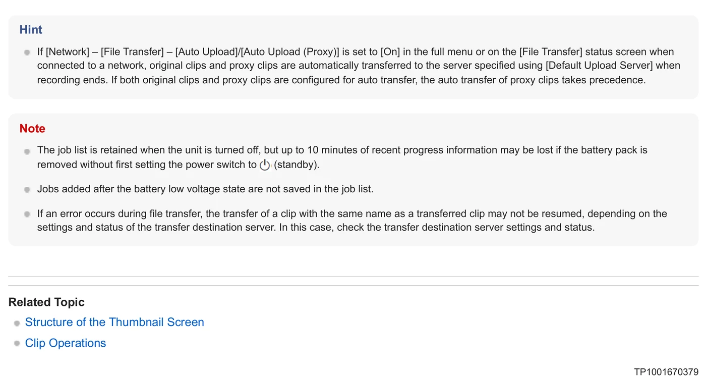 Related Sony professional camera reference explaining Auto Upload and Default Upload Server behavior