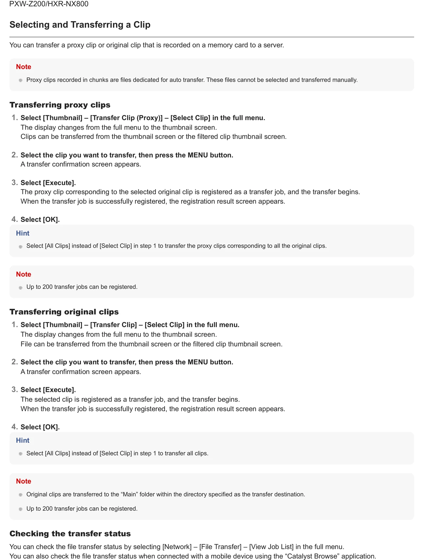Related Sony professional camera reference for selecting and transferring proxy or original clips