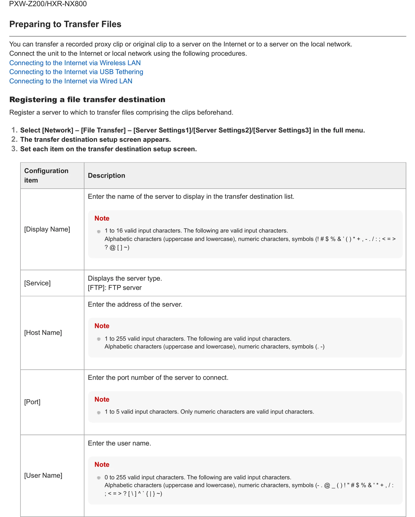Related Sony professional camera menu reference showing the Network File Transfer Server Settings path and FTP destination fields