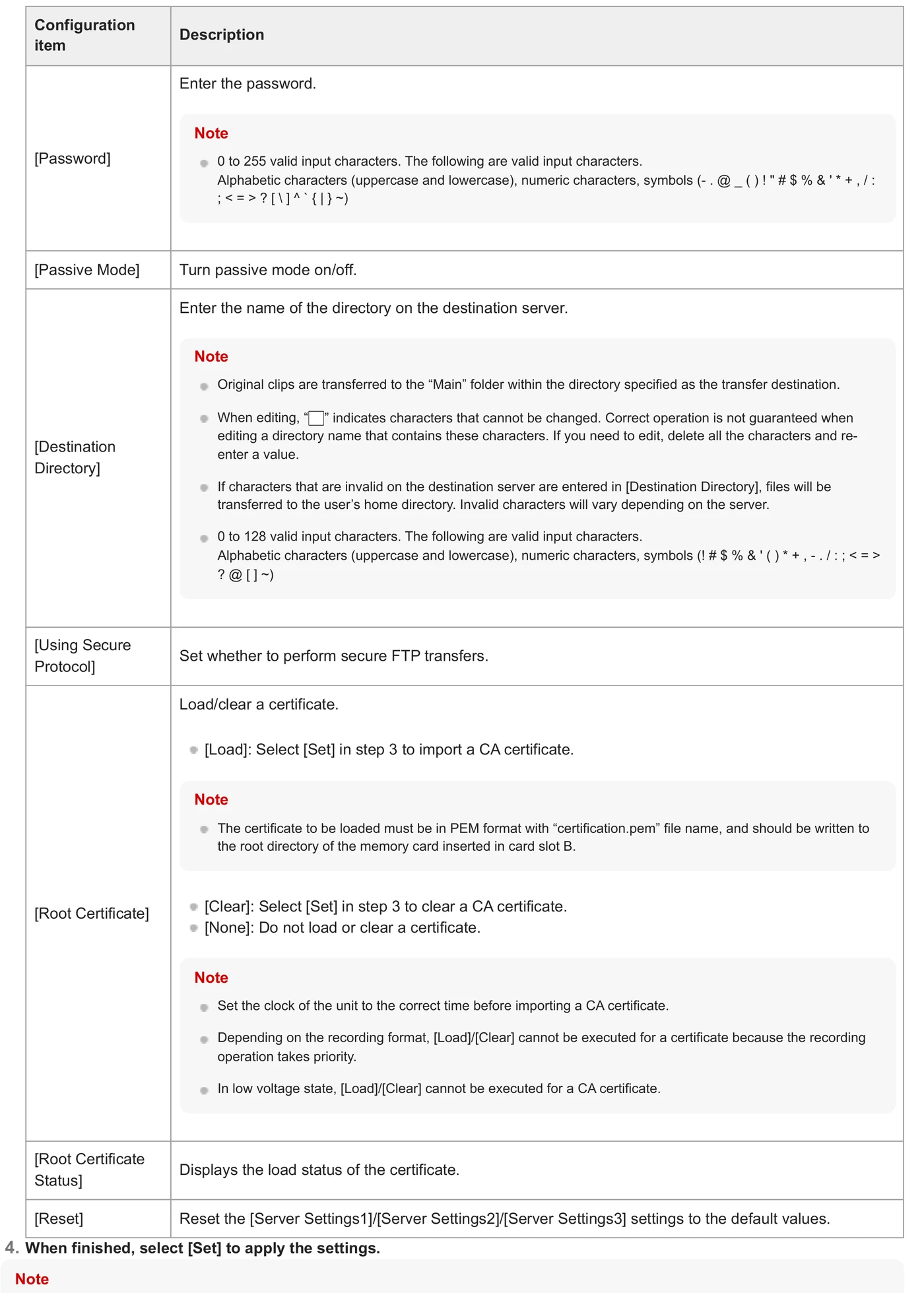 Related Sony professional camera reference for password, passive mode, destination directory and secure FTP settings