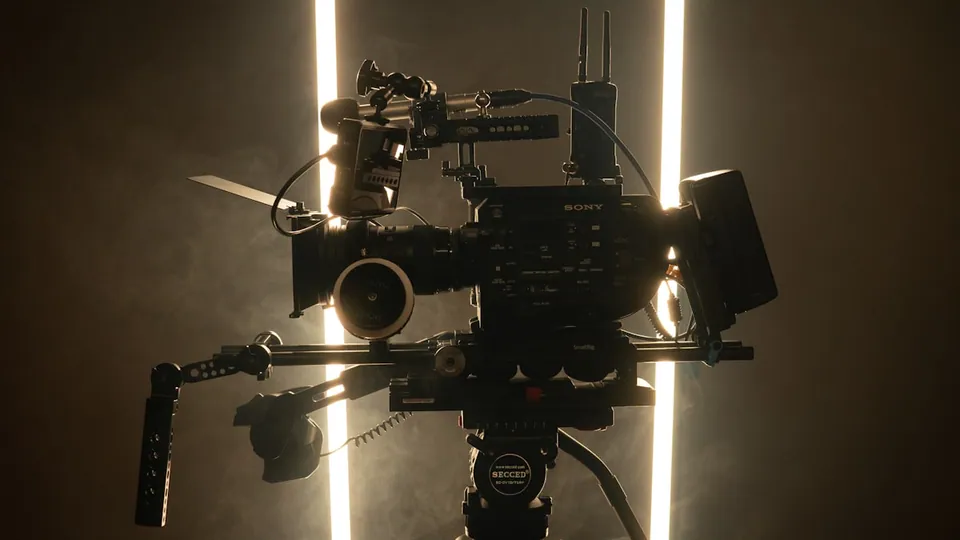 Cinema camera rig on a tripod
