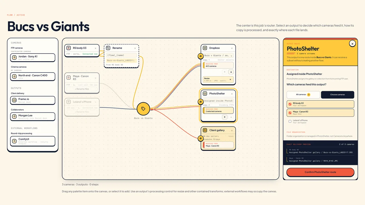 Camera to Anywhere flow builder canvas: Output route settings